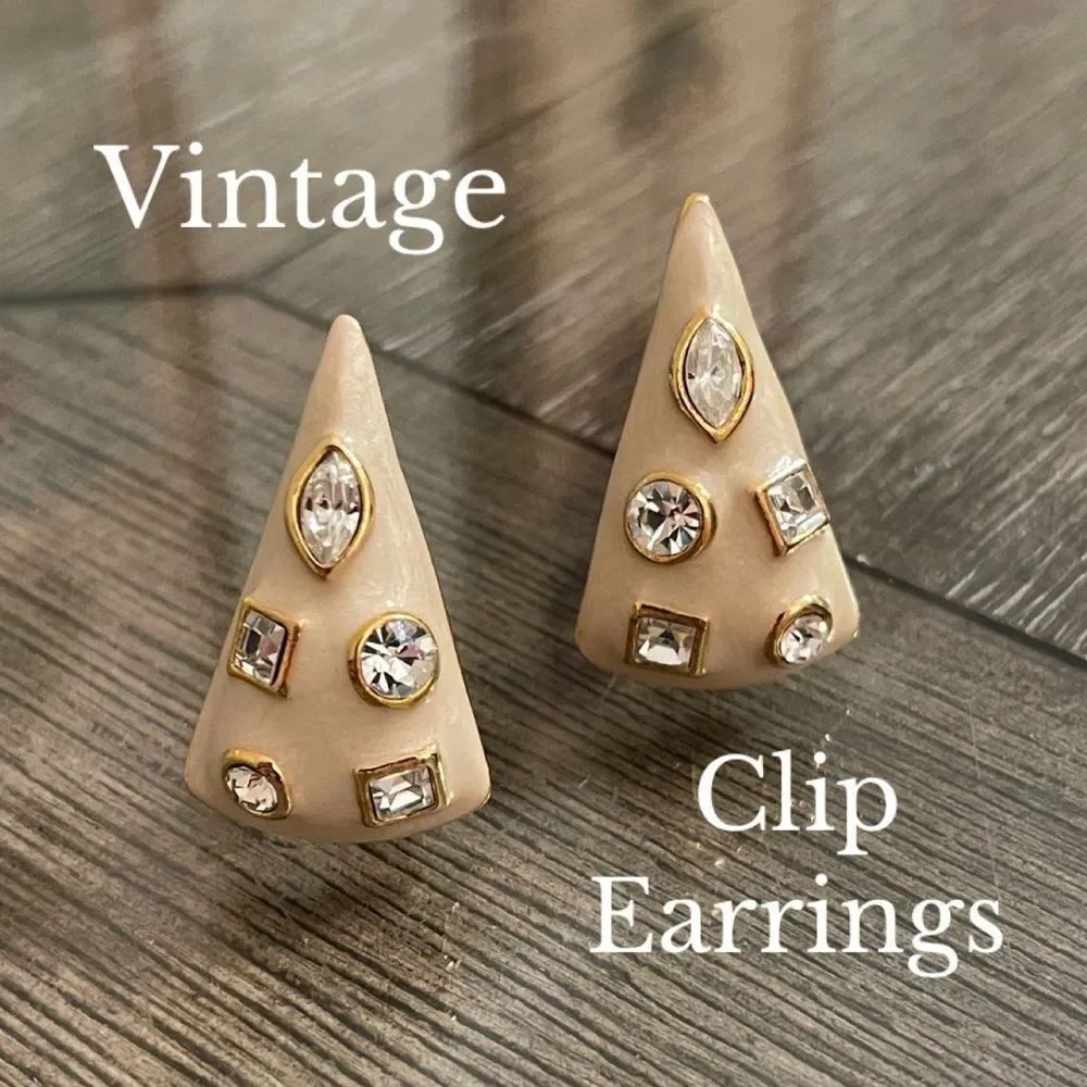 Vintage Enamel Triangle Earrings with Cut Glass Bezel Set Rhinestones, Gold-tone